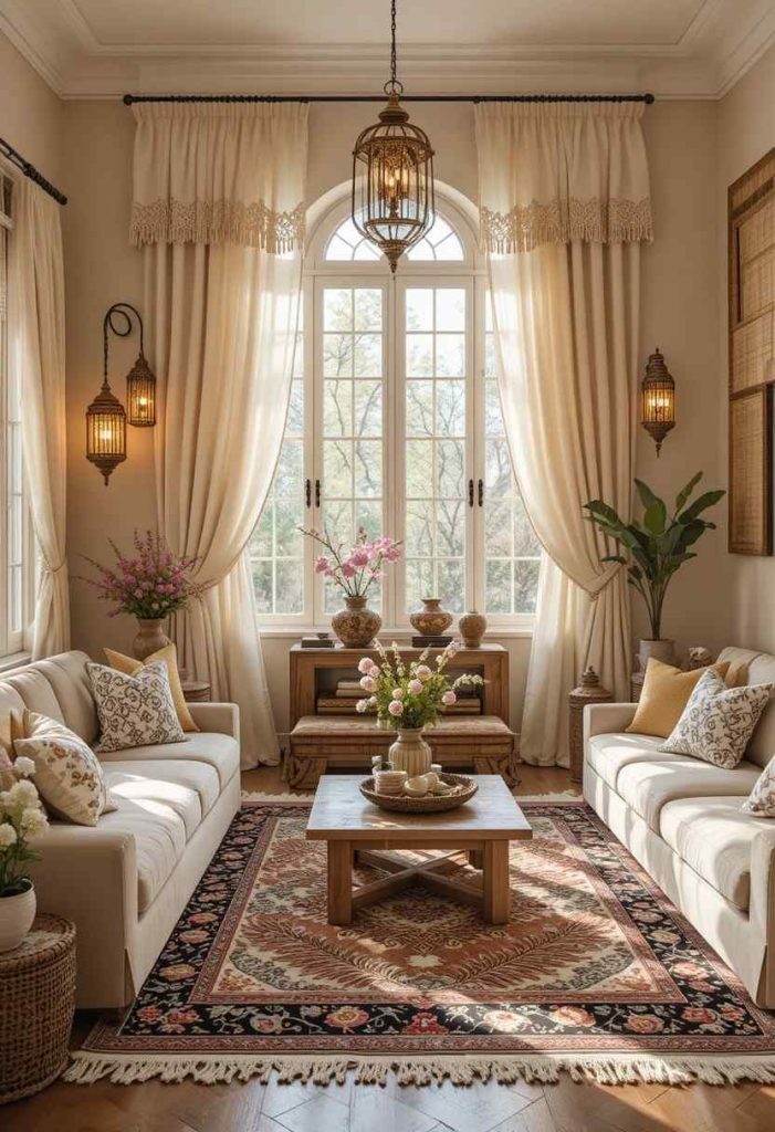 Cream linen curtains with chunky macrame fringe trim in a bohemian maximalist living room with Moroccan accessories