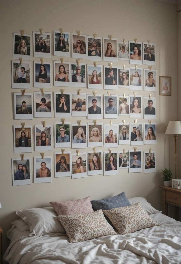 Polaroid photo wall with washi tape grid in aesthetic budget college bedroom