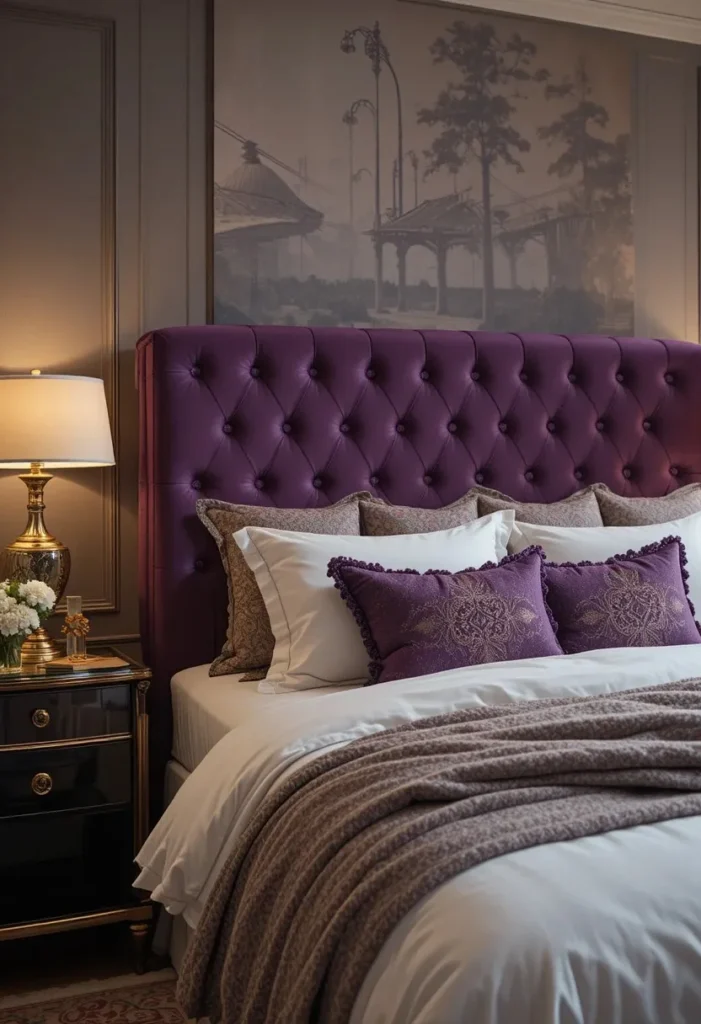 Purple velvet headboard in a cozy elegant bedroom