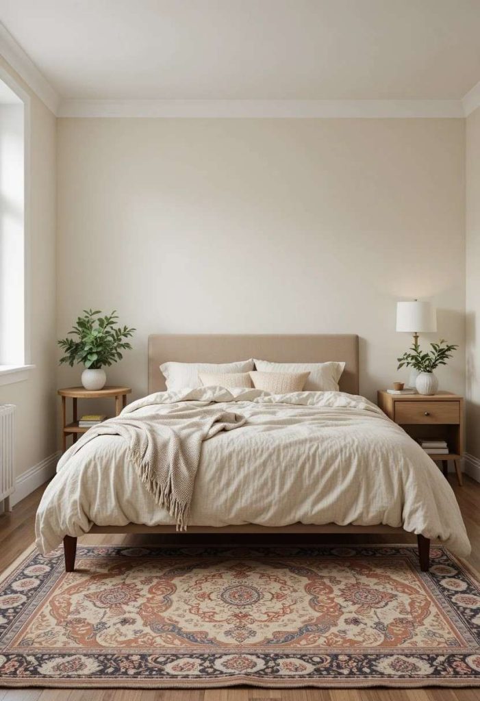 Vintage-style statement rug under bed in college apartment bedroom