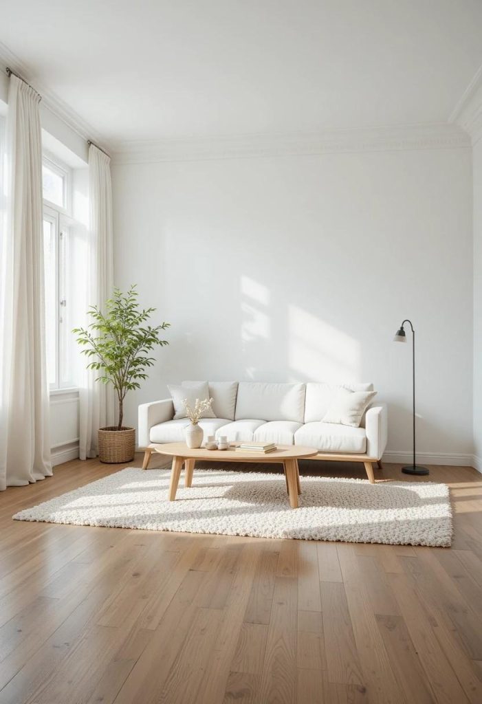  Serene Scandinavian living room with intentional negative space, a single sofa, coffee table, and tall plant.