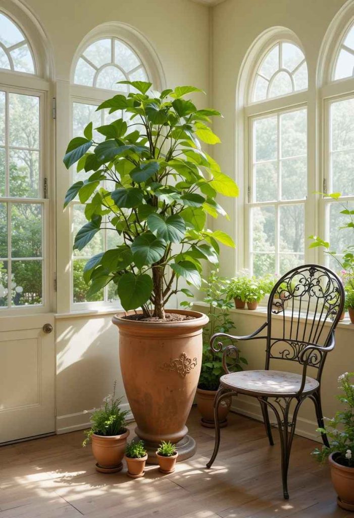 Vintage terracotta garden urn with a fiddle leaf fig and clustered herb pots in a whimsical sunroom corner.