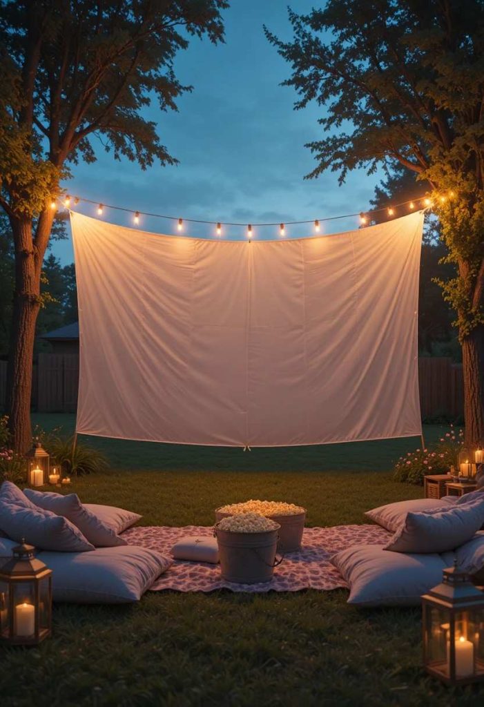 Backyard movie night with a white sheet screen between trees string lights cushions and popcorn at dusk