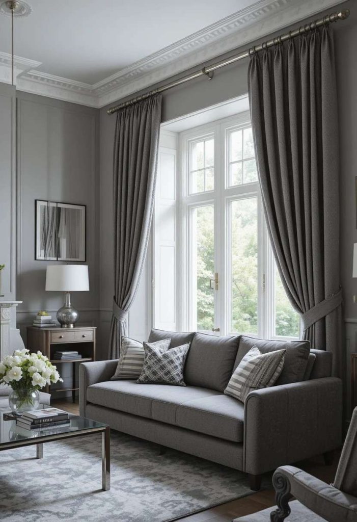 Charcoal herringbone pinch pleat curtains with chrome hardware in a refined elegant contemporary living room