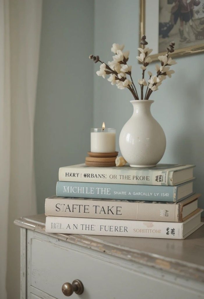 Stacked thrift coffee table books as decor in aesthetic budget college bedroom