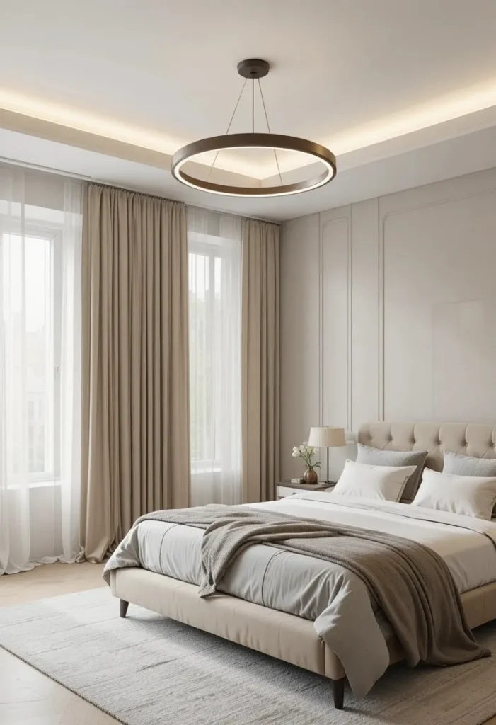 Modern ring chandelier in a minimalist bedroom