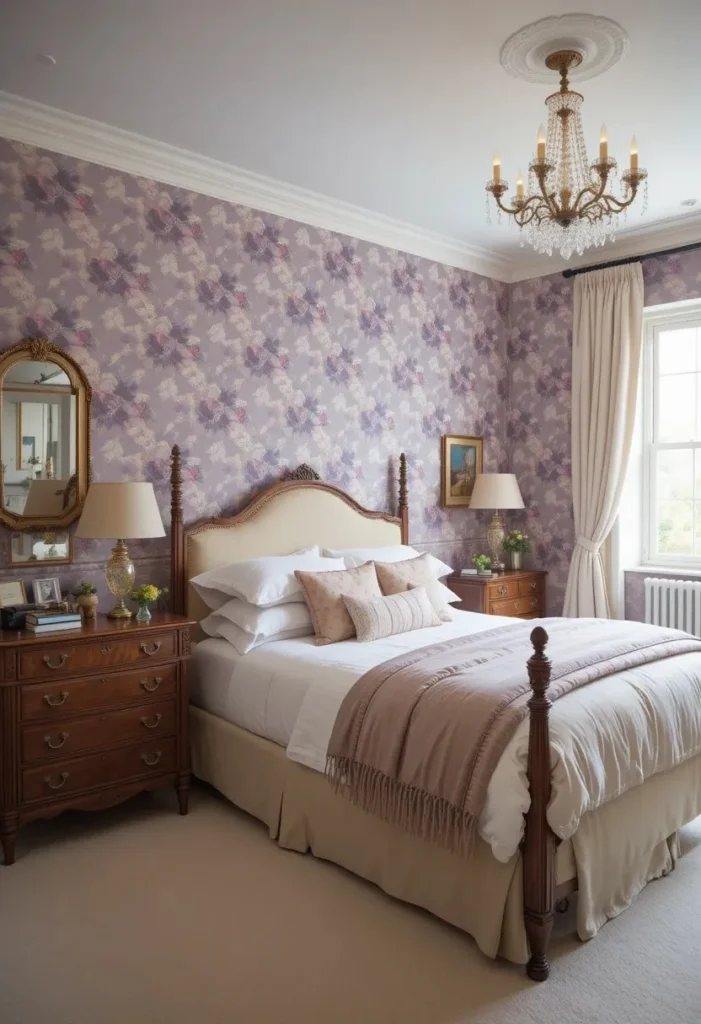 Purple floral wallpaper in a romantic bedroom