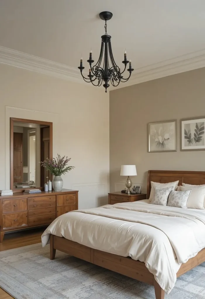 Modern black chandelier in a cozy bedroom