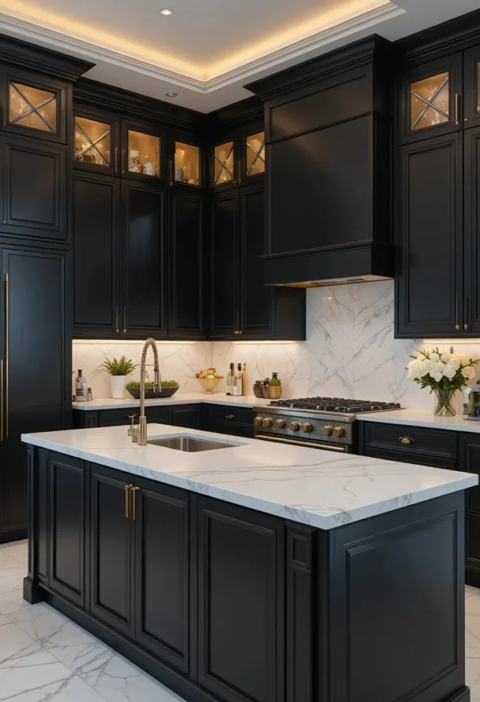 Modern black U shaped kitchen with gold accents and white quartz island.