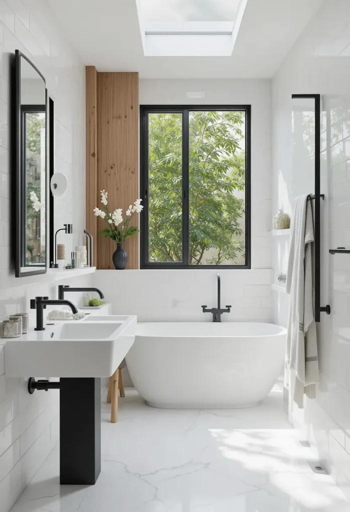 Minimalist white bathroom with matte black fixtures