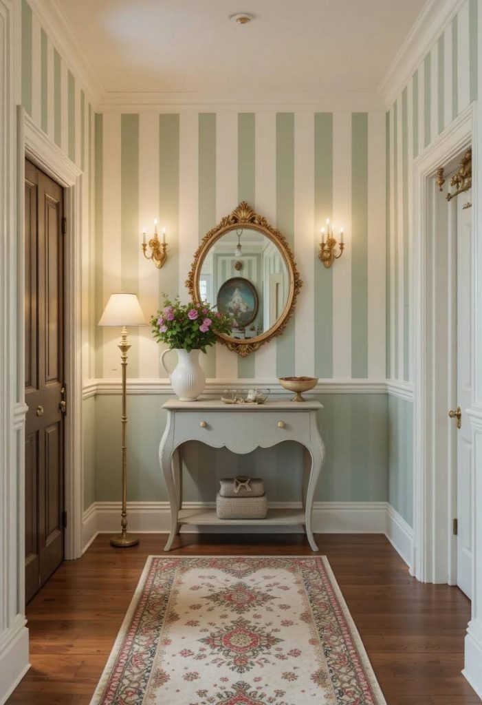 Whimsical entryway with sage green and cream painted stripes, vintage runner, and scalloped console table.