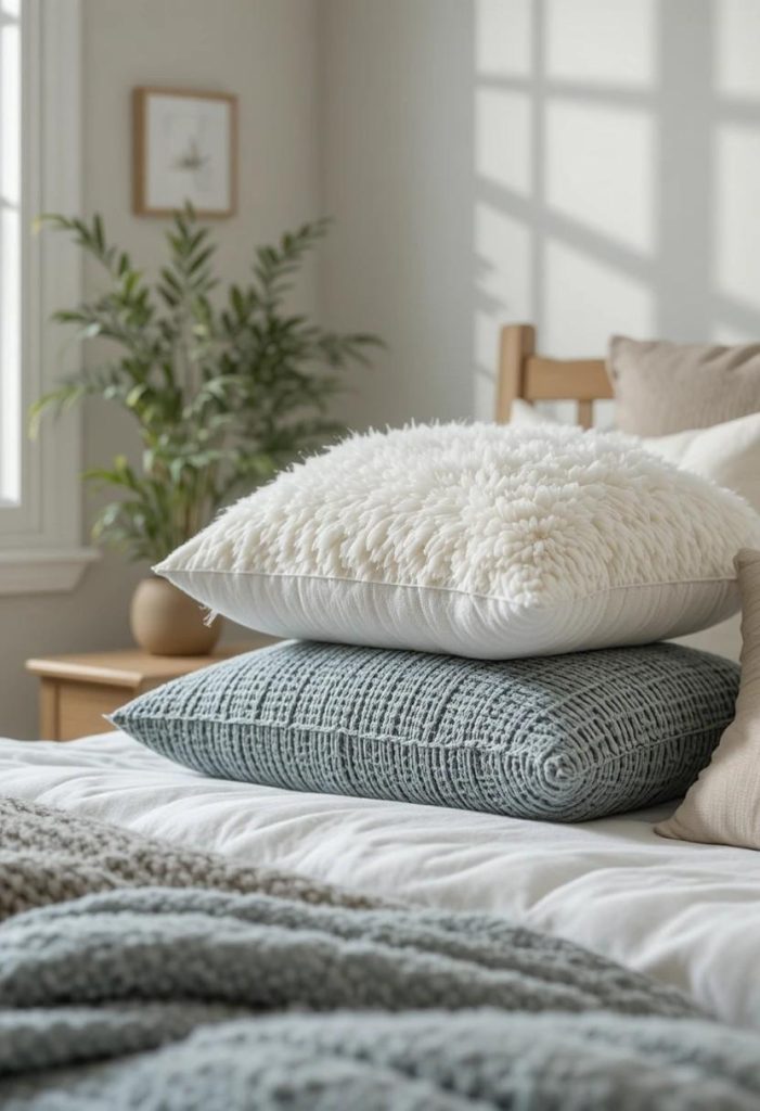 Aesthetic throw pillow cover swap collection in budget college bedroom