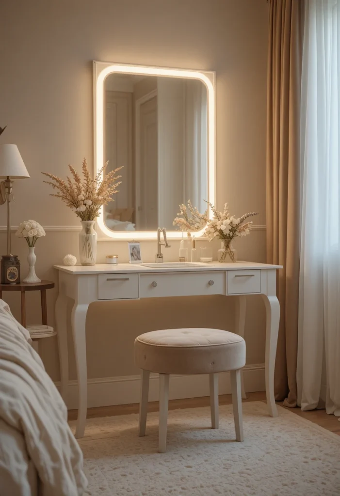 Dressing table with warm LED mirror lighting and velvet stool