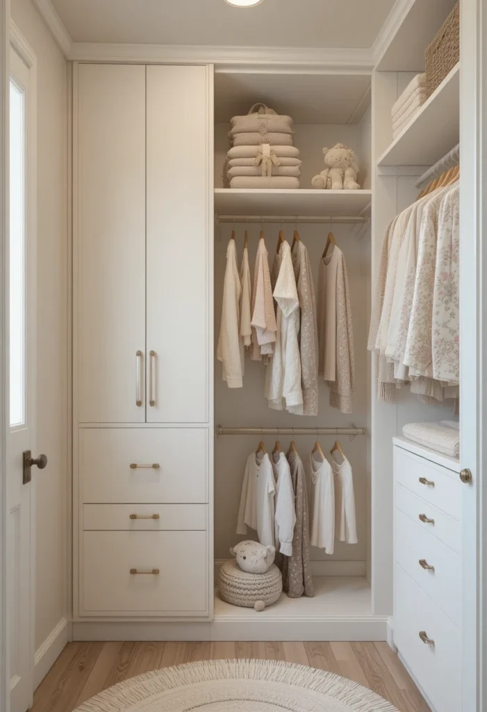 Calm neutral-toned kids closet with beige and white organized storage