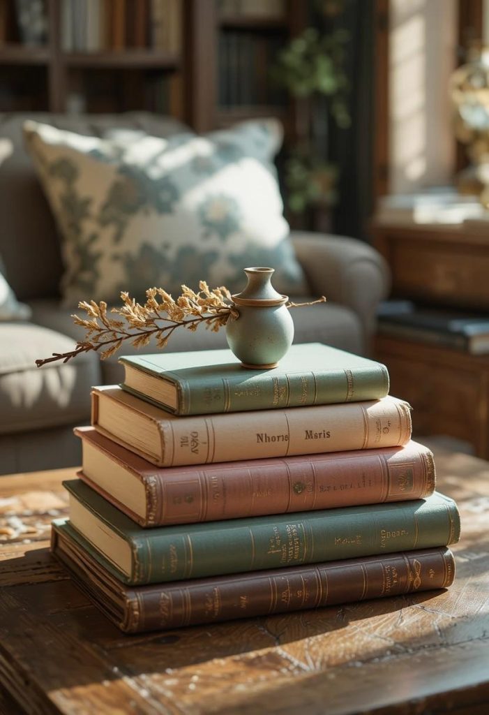 Three stacks of vintage cloth-bound books in muted tones styled on a whimsical living room coffee table.