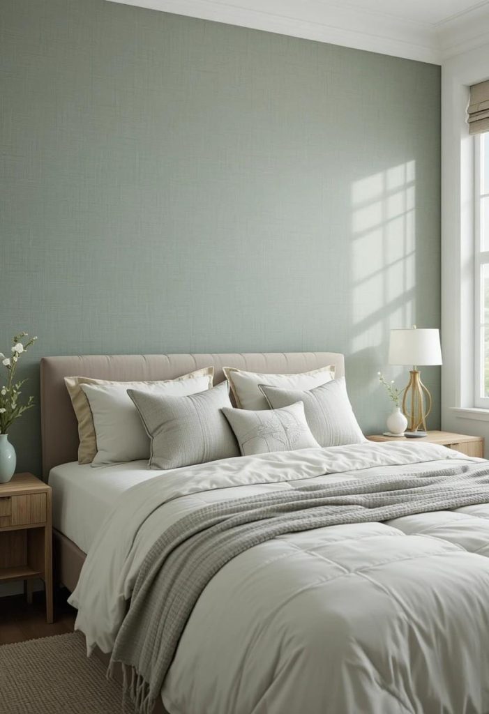 Sage grasscloth peel-and-stick wallpaper accent wall in aesthetic budget college bedroom