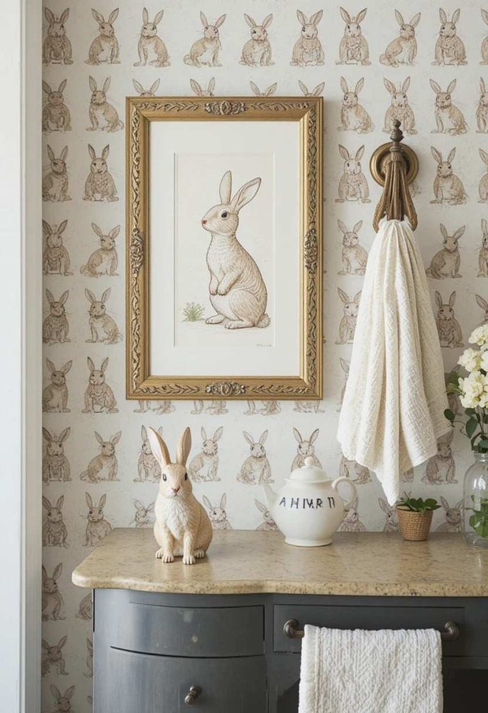 Whimsical home detail with a repeating rabbit motif in a framed print, ceramic figurine, and brass hook.