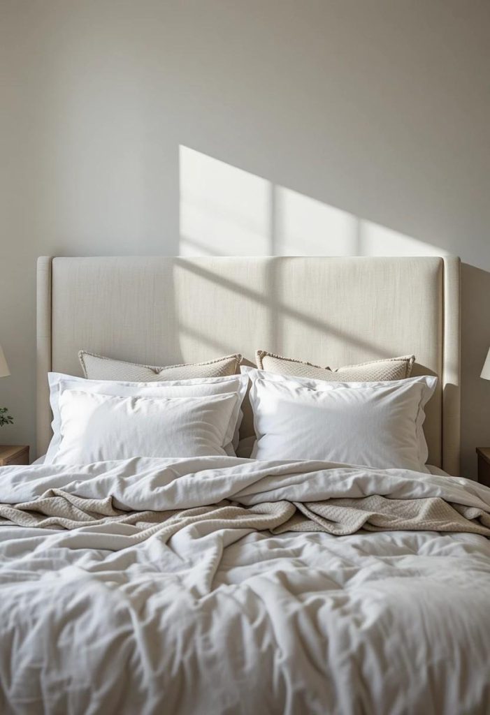 DIY cream linen upholstered headboard in aesthetic budget college bedroom