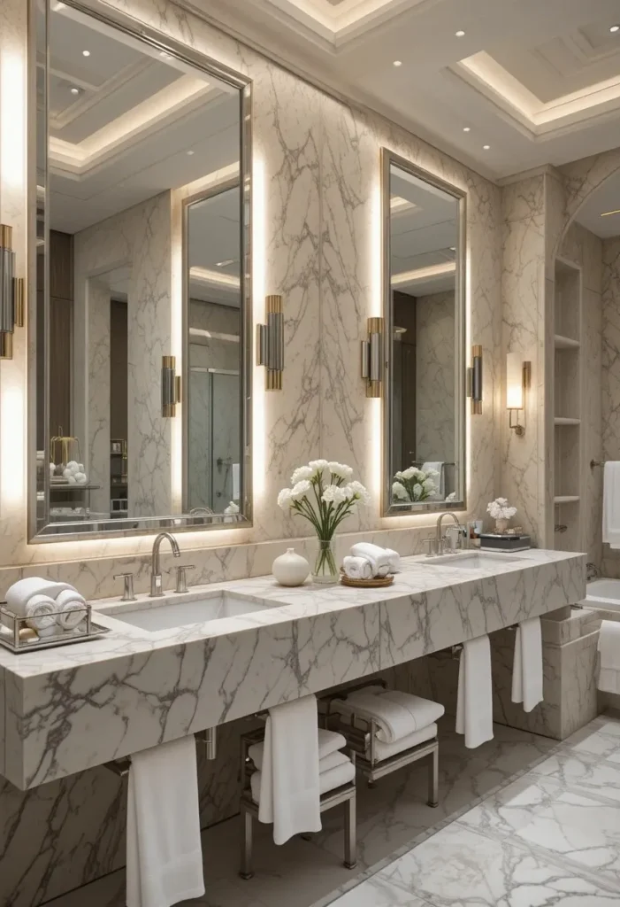 Luxury hotel-inspired double sink bathroom with marble and warm lighting.