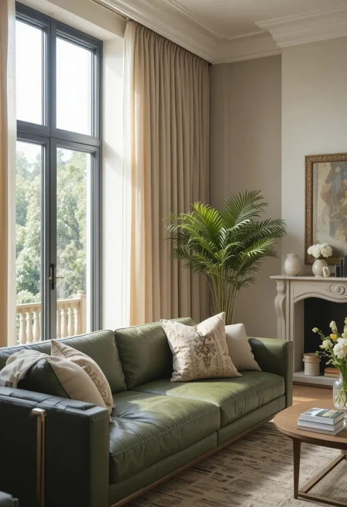 Green leather couch with soft neutral curtains