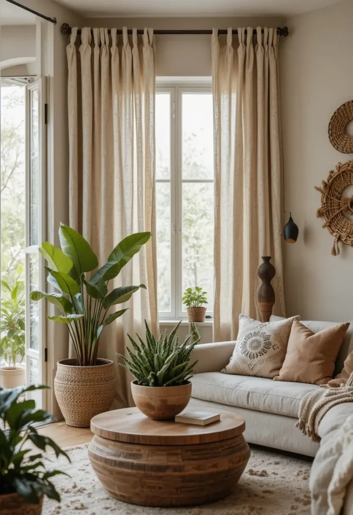 Boho textured curtains in a warm earthy living room.