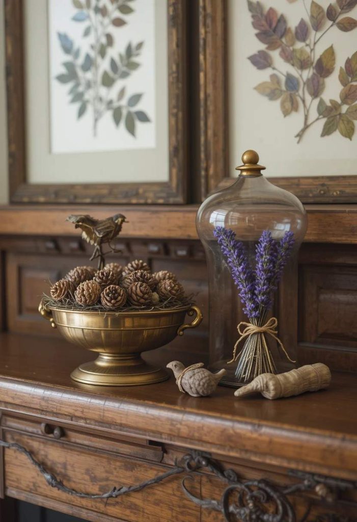 Brass bowl of pinecones, glass-domed bird nest, and dried lavender styled on a whimsical mantel with pressed leaves above.