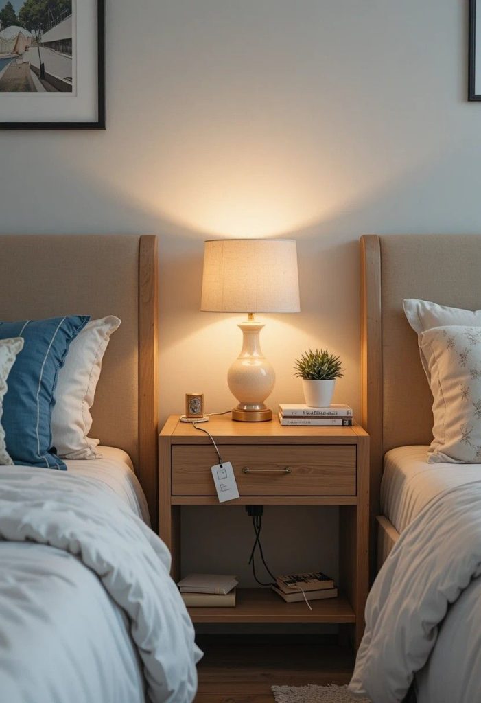 Clean styled nightstand with hidden cords in aesthetic budget college bedroom