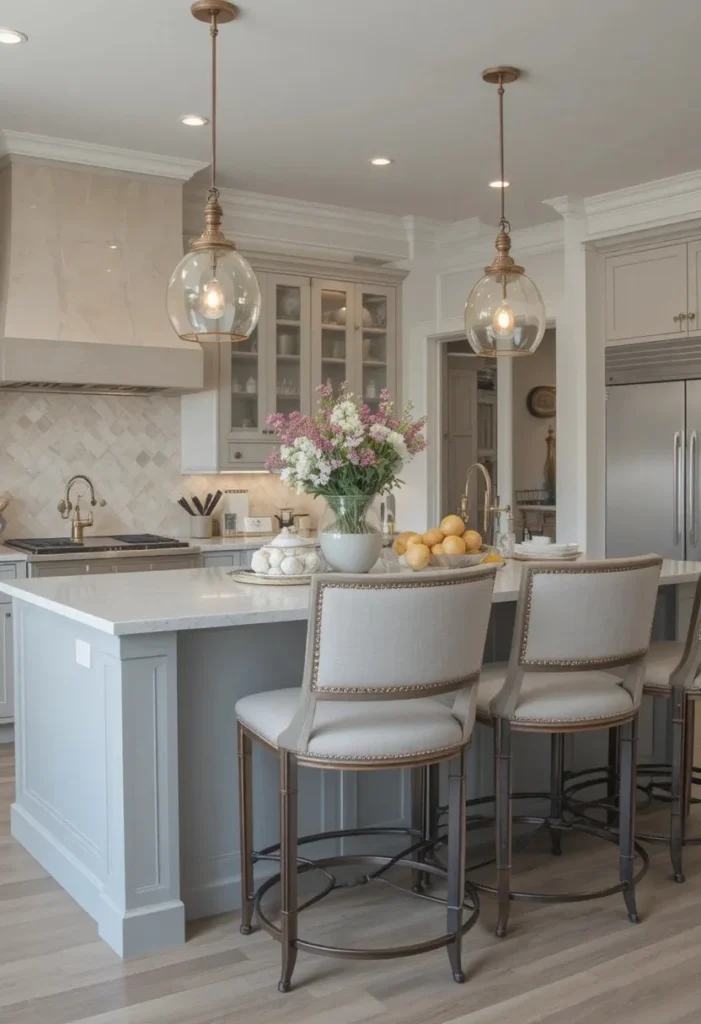 Bar stools with backs at kitchen island creating supportive and stylish seating