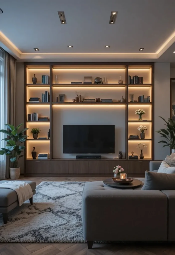 Built-in shelves with lighting creating a warm and inviting ambiance