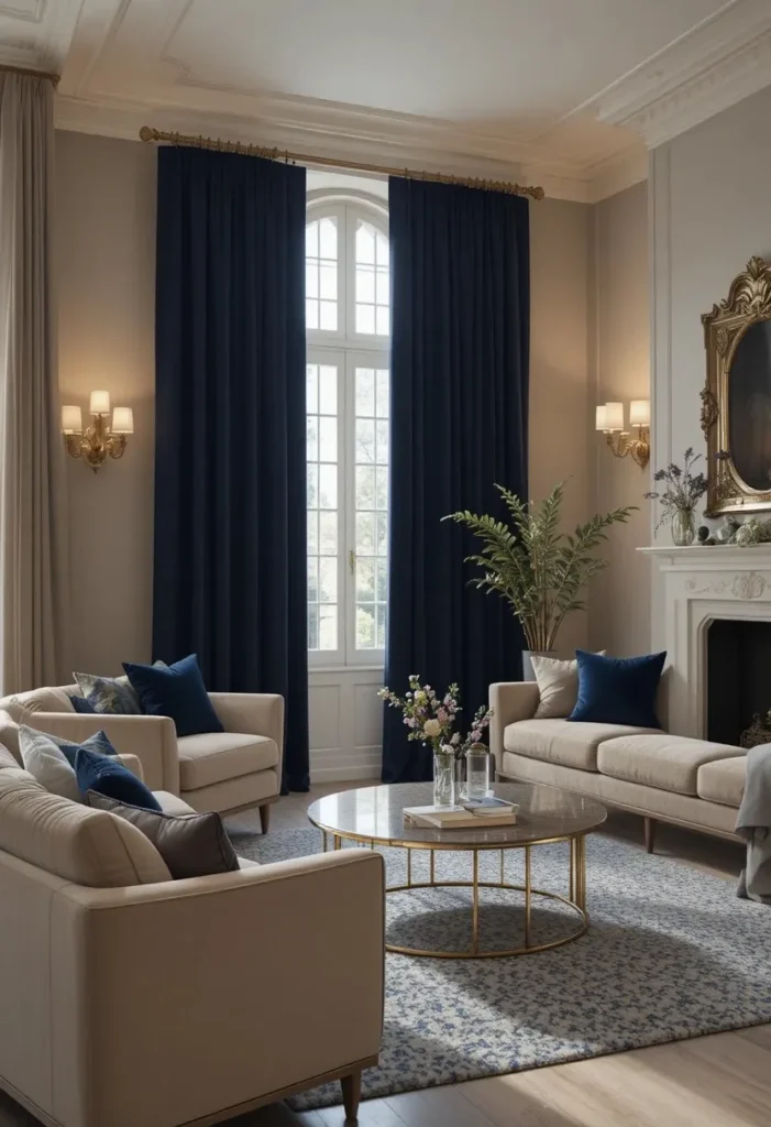 Dark velvet curtains creating a dramatic cozy living room atmosphere.