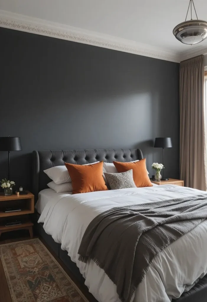 Gray and orange bedroom with modern cozy contrast and warm textures.