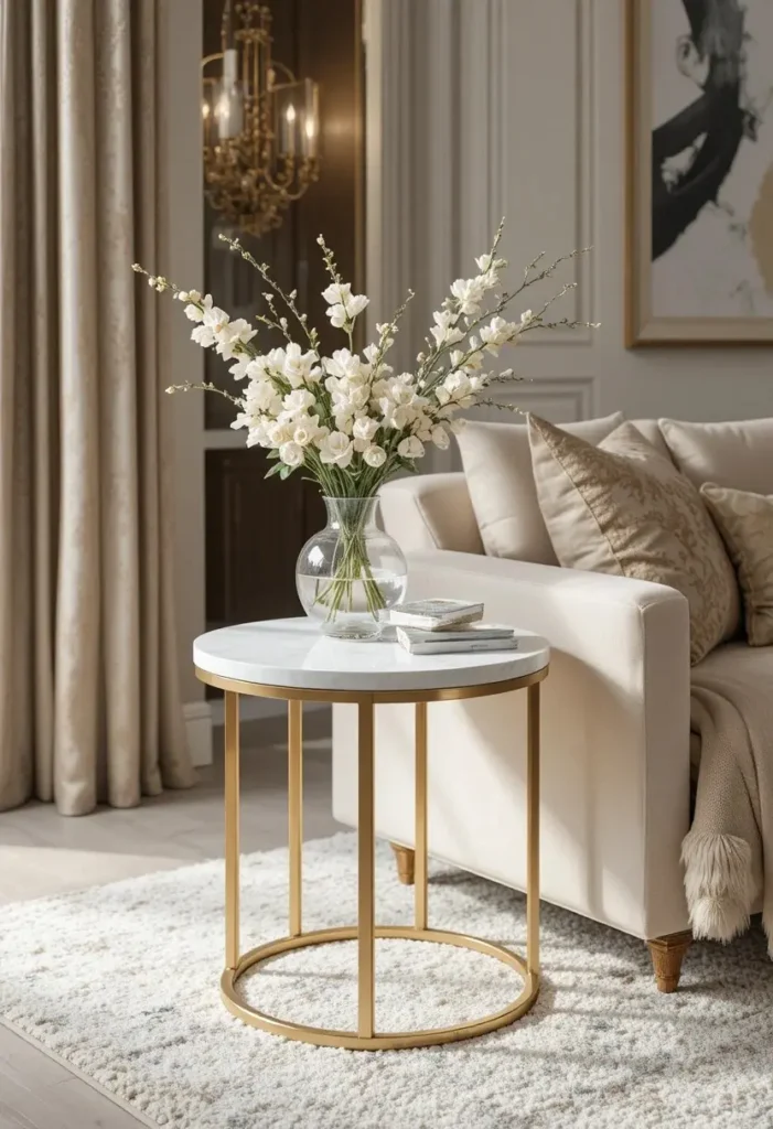Marble top side table beside a modern sofa