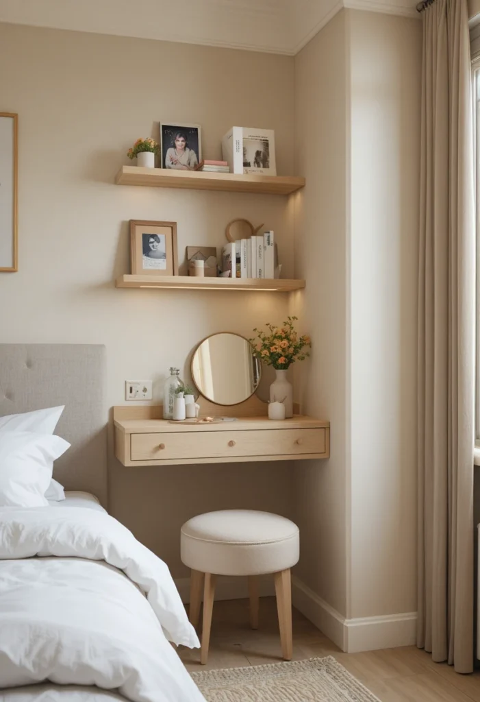 Compact corner dressing table in a small neutral bedroom