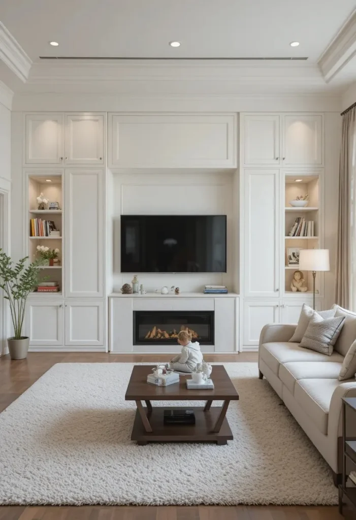 Built-in cabinets providing hidden toy storage in a modern living room.