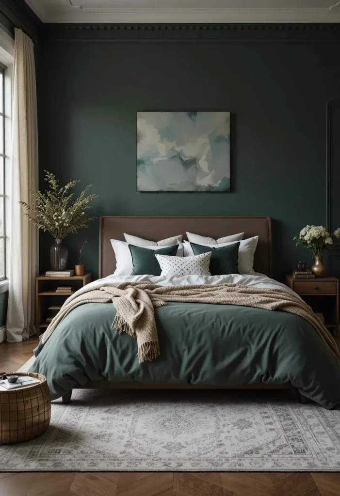Layered bedding in a dark green bedroom creating a warm and inviting look