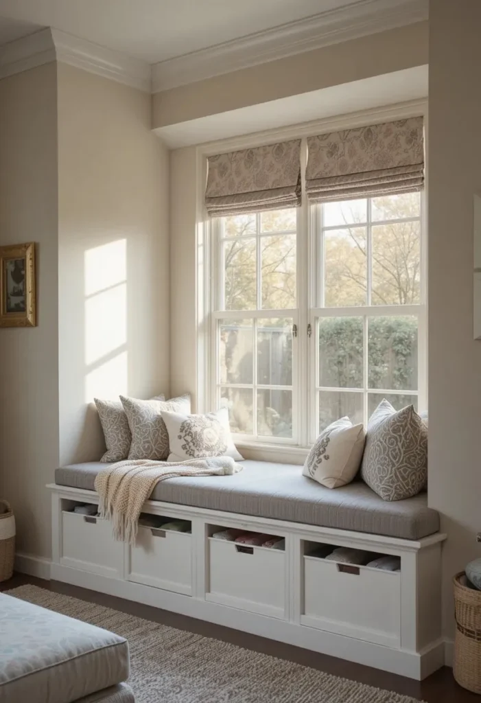 Window seat with hidden toy storage in a cozy living room corner.