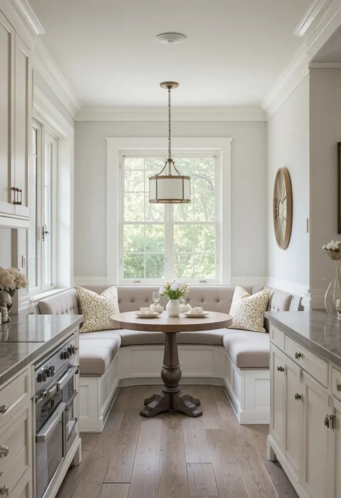 Breakfast nook inside a long cozy kitchen layout