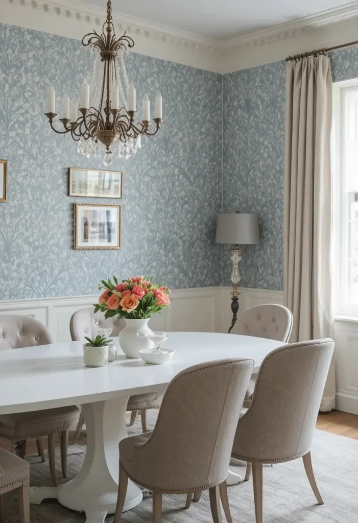 Blue wallpaper in dining room adding texture and visual interest