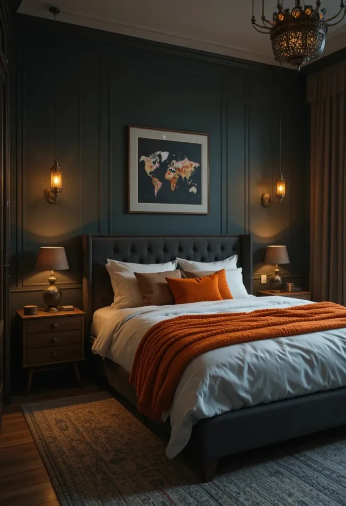 Dark green bedroom with warm orange ambient lighting and cozy mood