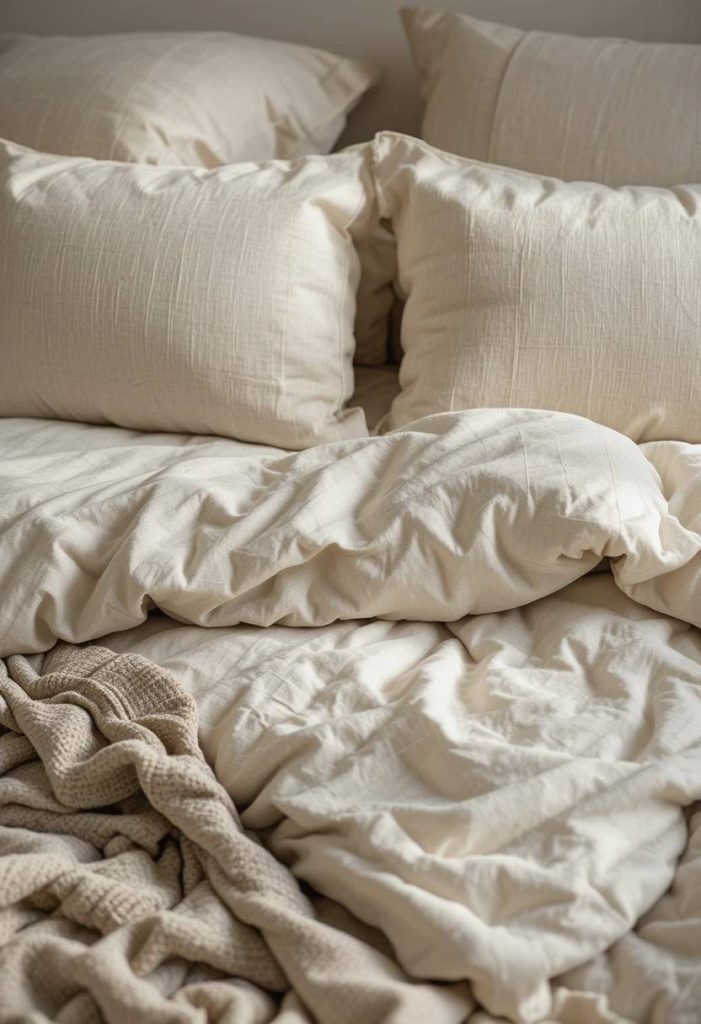 Washed cream and oatmeal linen bedding layered on a Japandi bed with soft morning light.