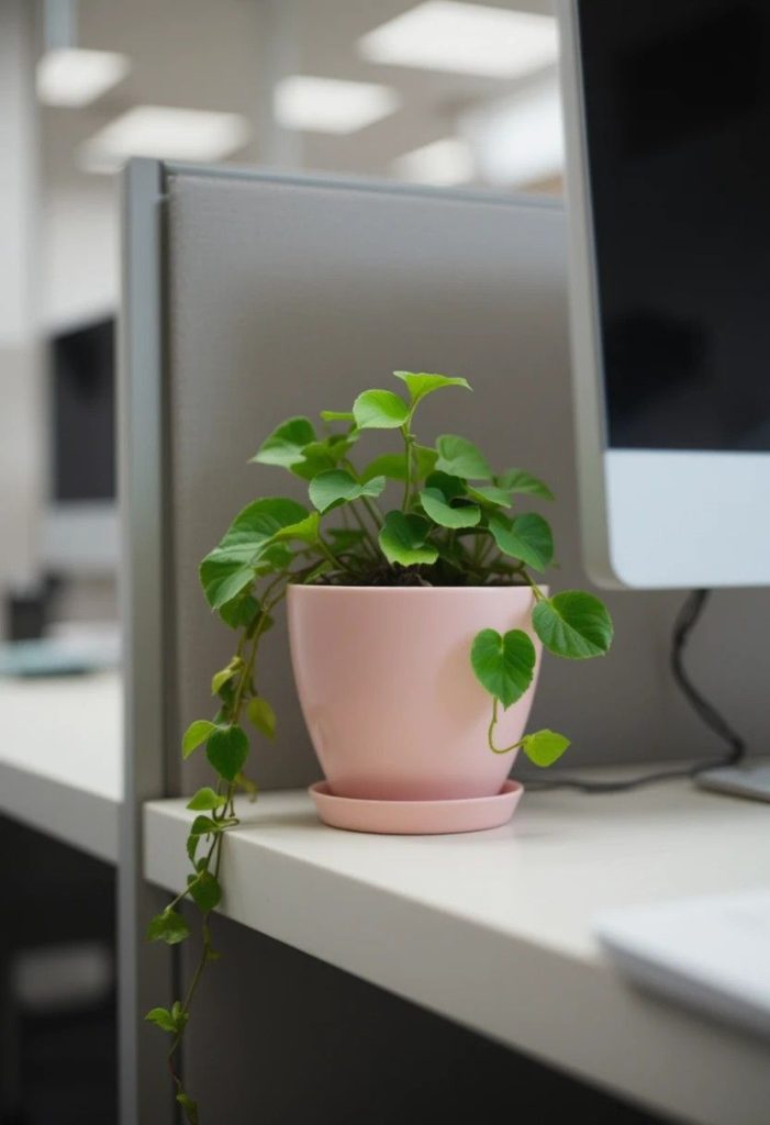 Trailing pothos plant in a blush pink ceramic pot placed at the corner of a cubicle desk beside a computer monitor