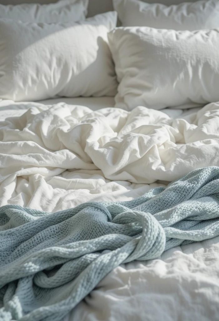 White linen bedding layered with a soft pale blue throw at the foot of a coastal bed in morning light.
