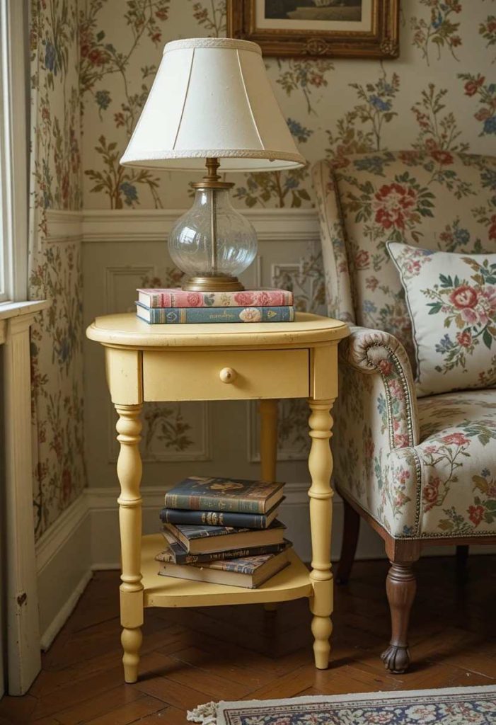 Butter yellow bobbin side table styled with books and a mushroom lamp beside a vintage floral armchair.