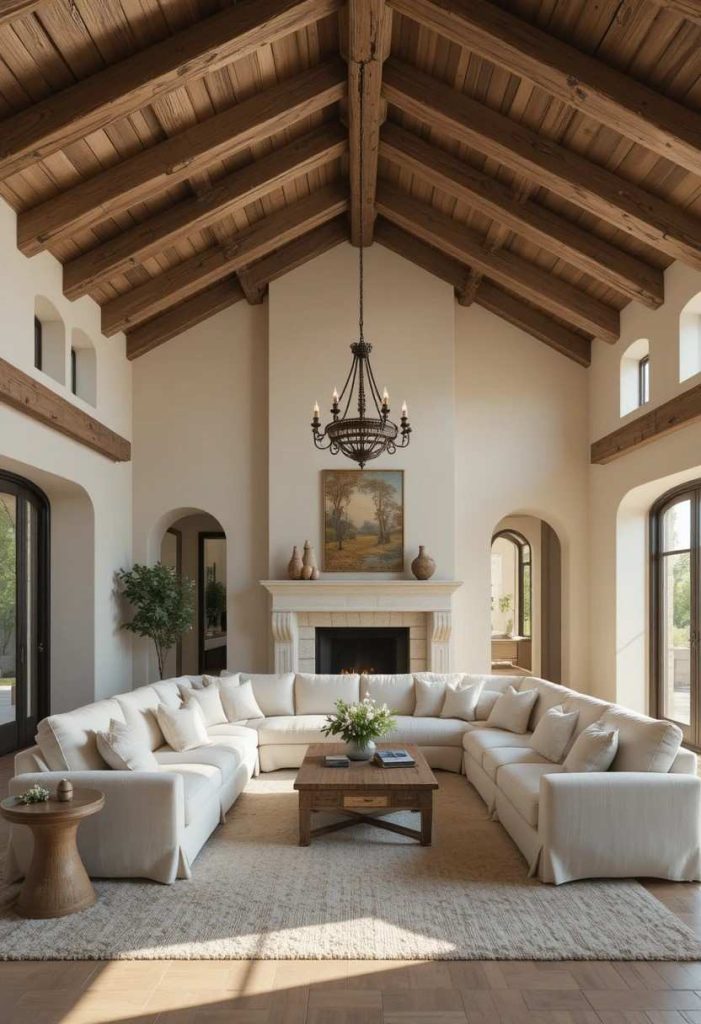 Vaulted Tuscan living room with exposed wooden ceiling beams, cream walls, linen sectional, and an iron chandelier.