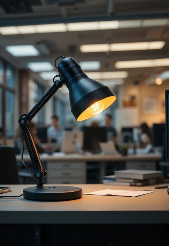 Matte black adjustable desk lamp casting warm light over a corporate office desk in mixed office lighting