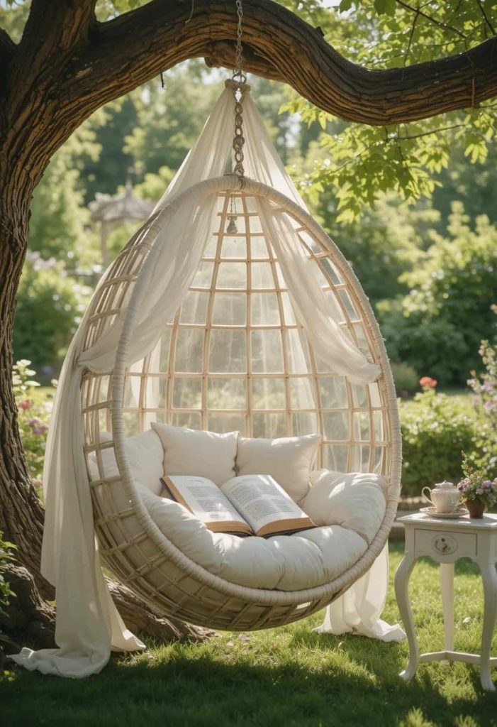 Cream hanging egg chair under an oak tree with sheer canopy cushions and a teacup on a vintage side table