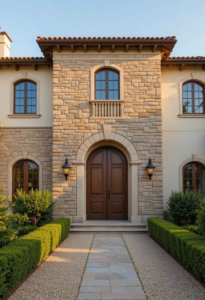 Tuscan home with hand-stacked limestone ground floor, cream stucco upper level, terracotta roof, arched wooden doors, and boxwood hedges.