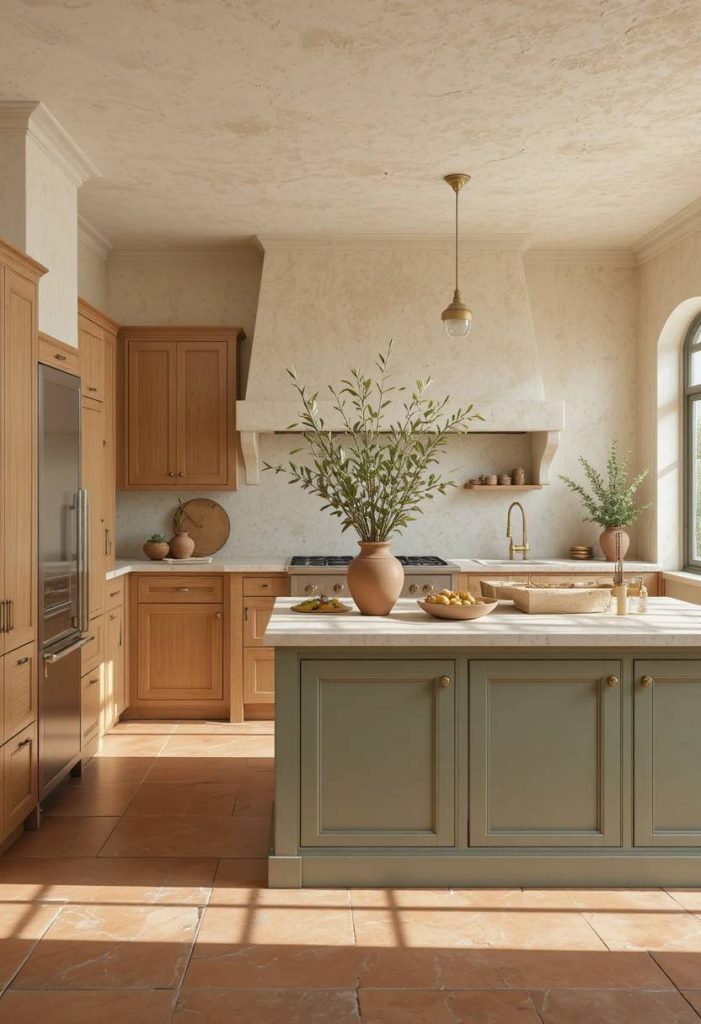 New Tuscan kitchen with hand-troweled cream plaster walls, white oak cabinets, sage green island, travertine countertops, and brass hardware.