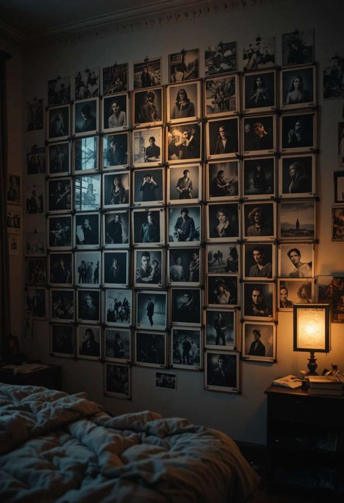 Grunge wall display of black and white printed photographs taped in a moody monochrome layout
