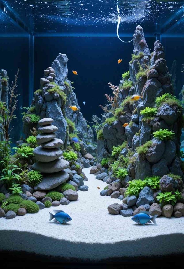 Mountain range aquascape with stacked Seiryu stones creating depth in a nature aquarium